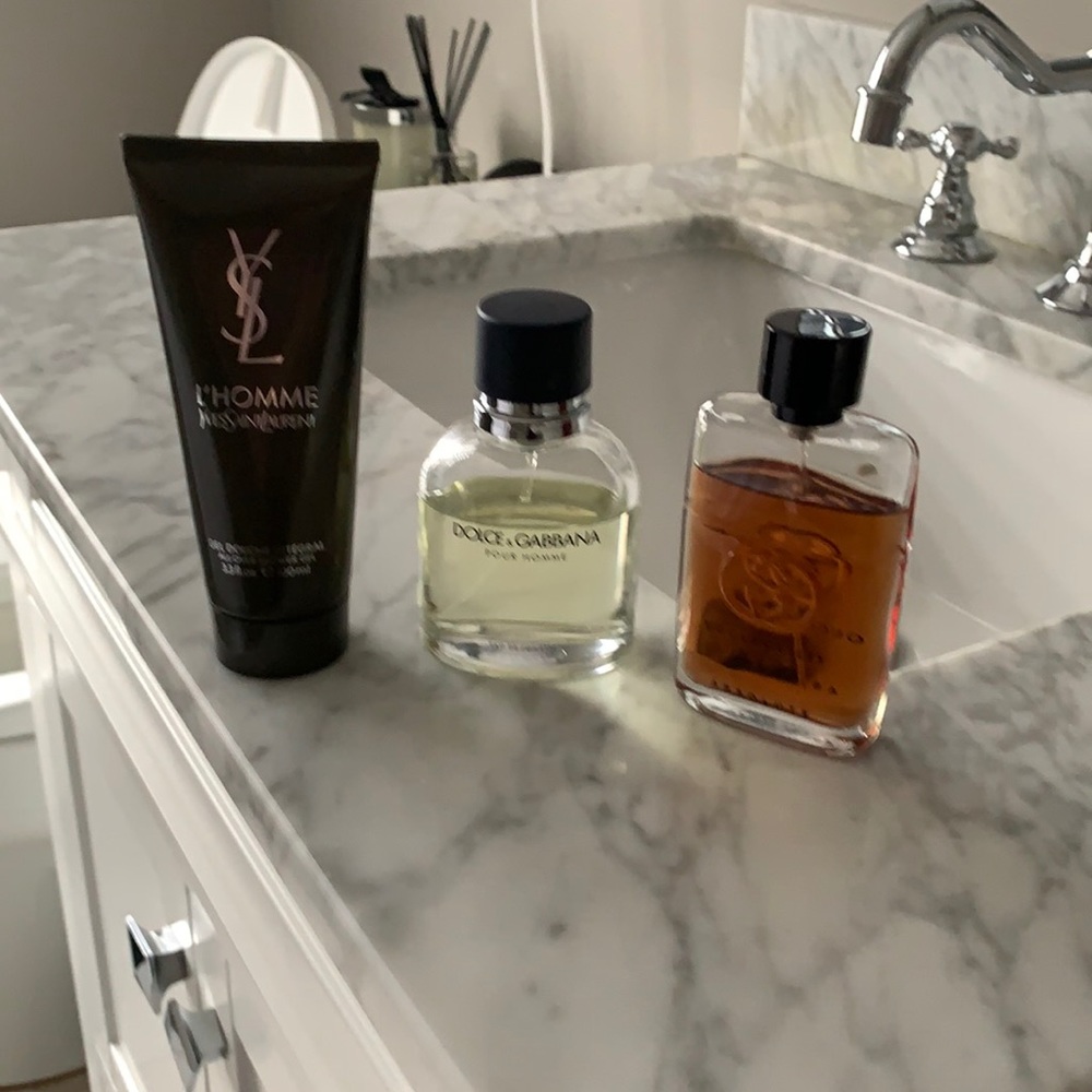 2 men’s cologne (Gucci Guilty Absolute and Dolce & Gabbana) and YSL shower gel